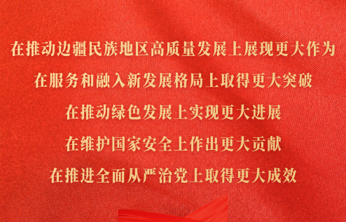 在推動(dòng)邊疆民族地區(qū)高質(zhì)量發(fā)展上展現(xiàn)更大作為，在服務(wù)和融入新發(fā)展格局上取得更大突破，在推動(dòng)綠色發(fā)展上實(shí)現(xiàn)更大進(jìn)展，在維護(hù)國(guó)家安全上作出更大貢獻(xiàn)，在推進(jìn)全面從嚴(yán)治黨上取得更大成效